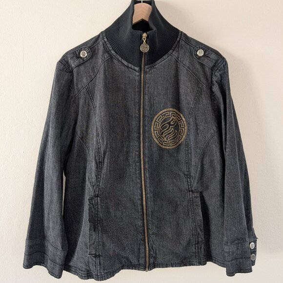 Vintage Rocawear Denim Jacket Faded Black Denim Distressed Full Zip Collar 2X - Picture 1 of 16